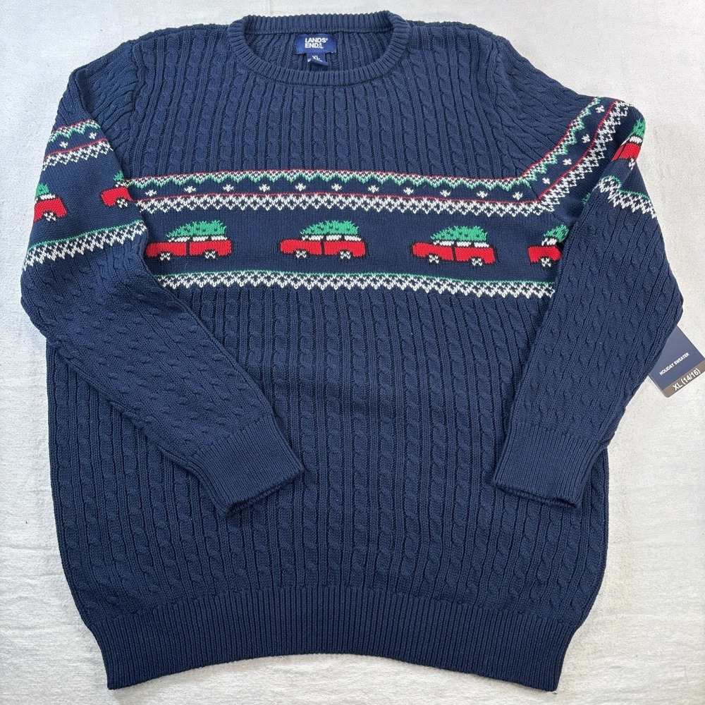 Lands' End Boys 100% Cotton Novelty Holiday Crew Neck Sweater XL (14/16)